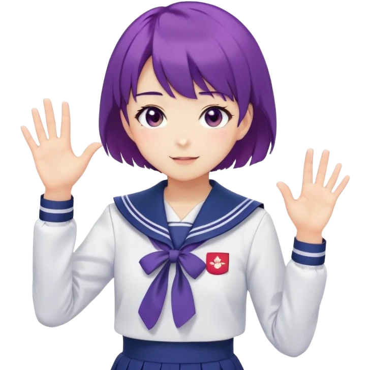 Anime girl with short bright purple hair wearing Japanese sailor style school uniform, composed posture with hand on hip but shyly waving with other hand, blushing face and timid smile emoji