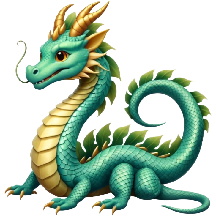  serpent dragon. Slim, serpentine body with smooth scales in soft blues and greens. Fluffy leaf plumes replace the tail fins, and a terracotta crown-like crest adorns its head. Gentle amber eyes. emoji