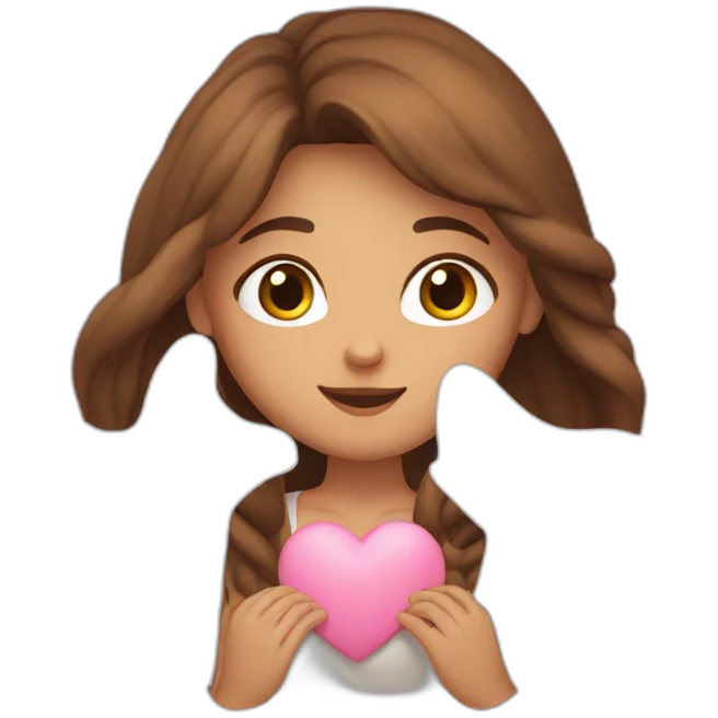 Girl with long brown hair shaping heart with her hands emoji