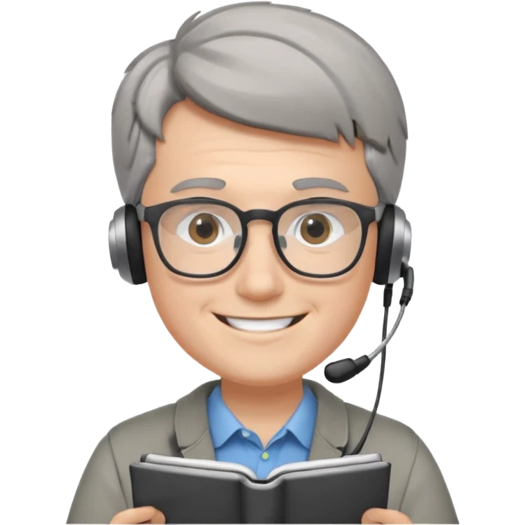 young white man, intelligent and focused, doing data analysis, glasses, small headphones, big smile, short gray hair emoji