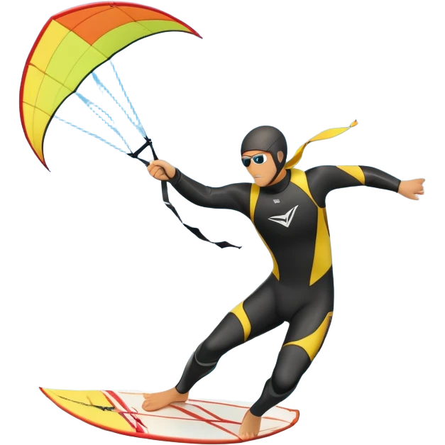 A kite surfer soaring above the waves, holding onto a kite with the wind in full force. The background showcases the ocean and sky, emphasizing the freedom, thrill, and energy of the sport. The motion of the kite and board is dynamic, capturing the excitement of kiting. emoji