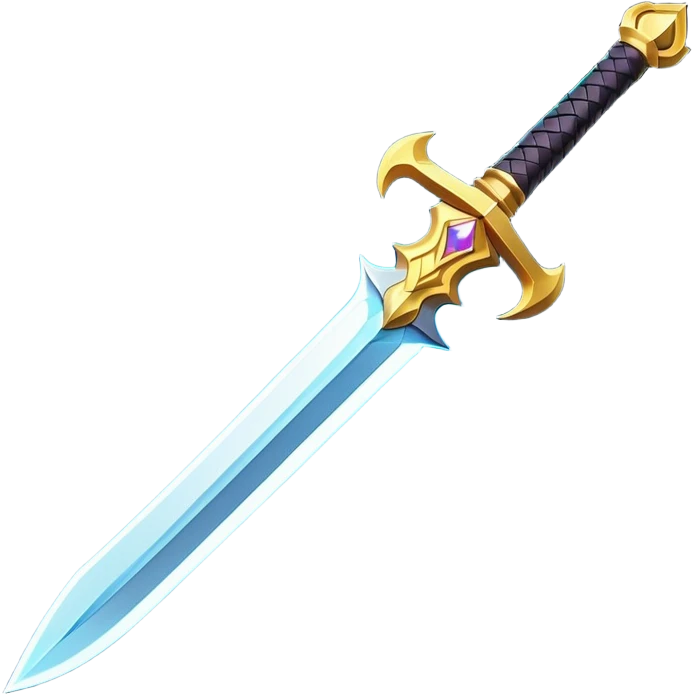 Clash of Clans aesthetic: Cinematic Playful 3D Isometric Sword Emoji, rendered in a 3D vector-style similar to standard emojis with minimal shading and bold, simplified shapes. A compact, distinct form with signature details, softly glowing with a fantasy RPG magic charm. Simplified yet unmistakably iconic, highly detailed and consistent, glowing with a soft radiance and high shine. Stylized with a touch of heroic grandeur and a soft glowing outline, capturing the essence of a beloved gaming relic with a friendly, playful manner! emoji