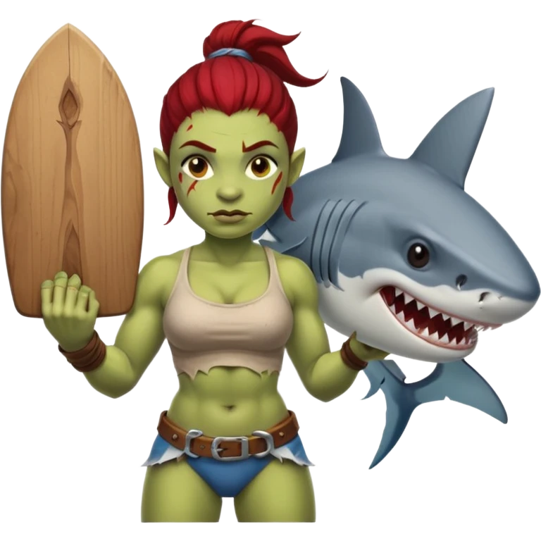 orc female holds a board with a shark painted vertically in his hands emoji