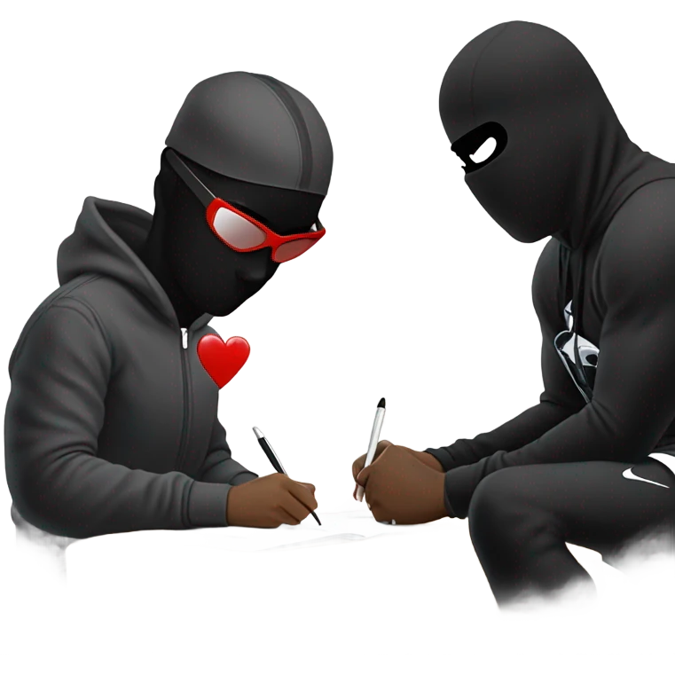 give me a song picture for make it a black cartoon character in a balaclava and a nike tracksuit and jordans with black sunglasses with a broken heart writing a letter while looking down on a whitewoman with black hair emoji