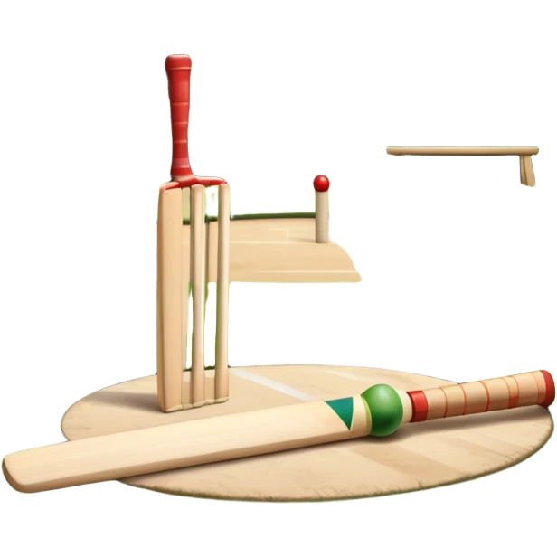 A cricket bat and ball resting on a well-manicured pitch, with the stumps and bails in the background. The scene emphasizes the traditional elements of the game, with the bat poised for a shot and the field reflecting a calm, competitive atmosphere. emoji
