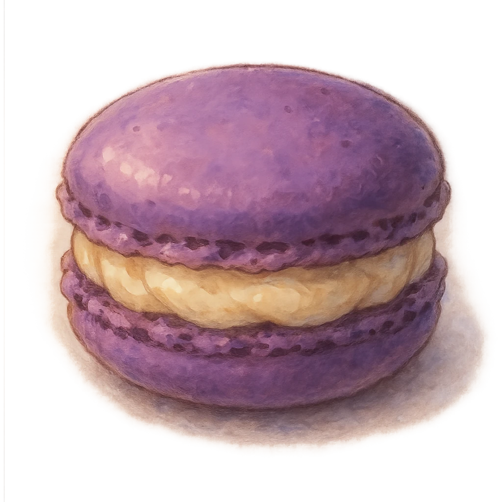 purple macaron with creamy filling, soft painterly look, magical and appetizing, ghibli style emoji