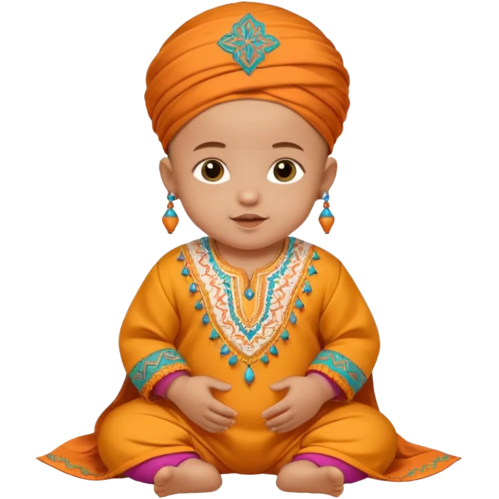  baby, dressed in colorful ghalibiya with delicate decorations, and a traditional Moroccan terbuka emoji