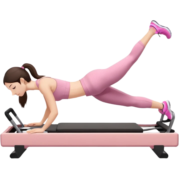 white brunette girl in light pink workout clothes doing a plank on a reformer emoji
