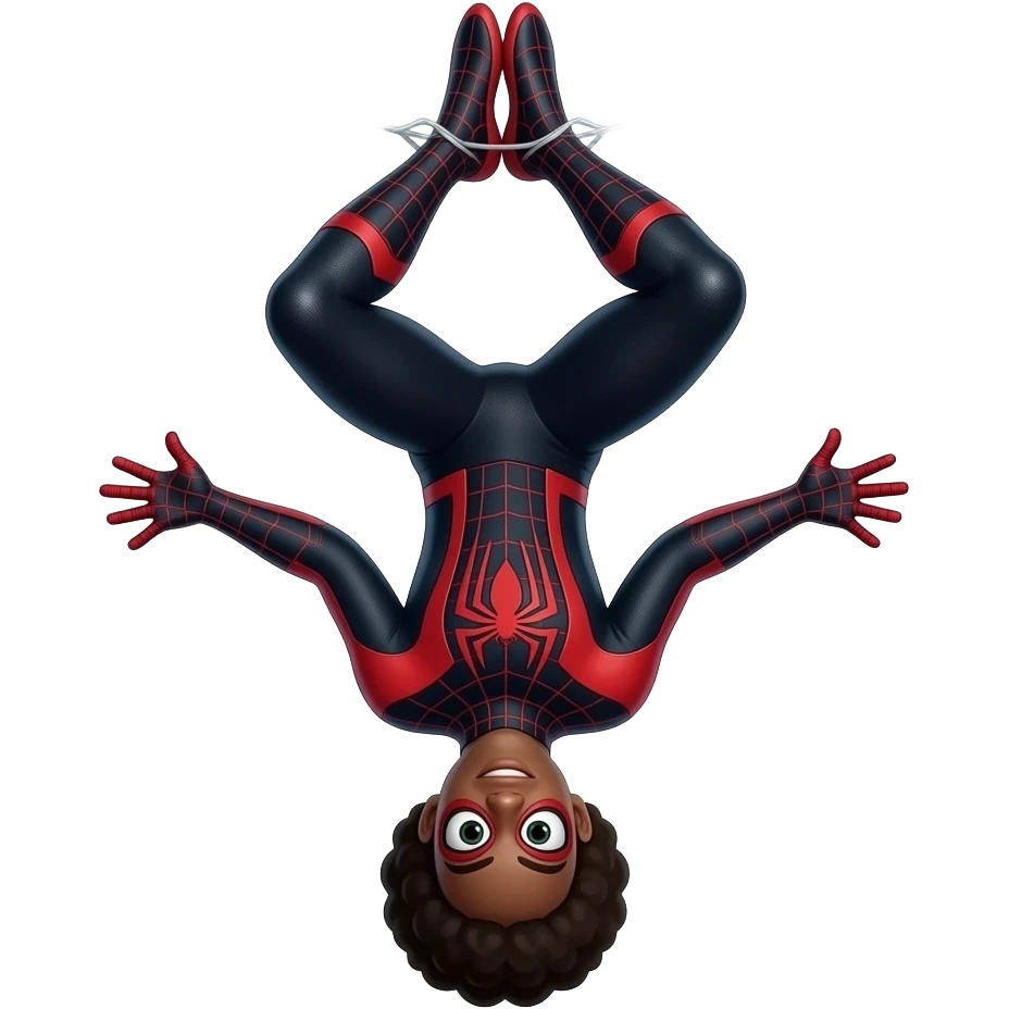 Spiderman miles morales wearing his mask too in his black and red suit without hairhanging upside-down through web string emoji