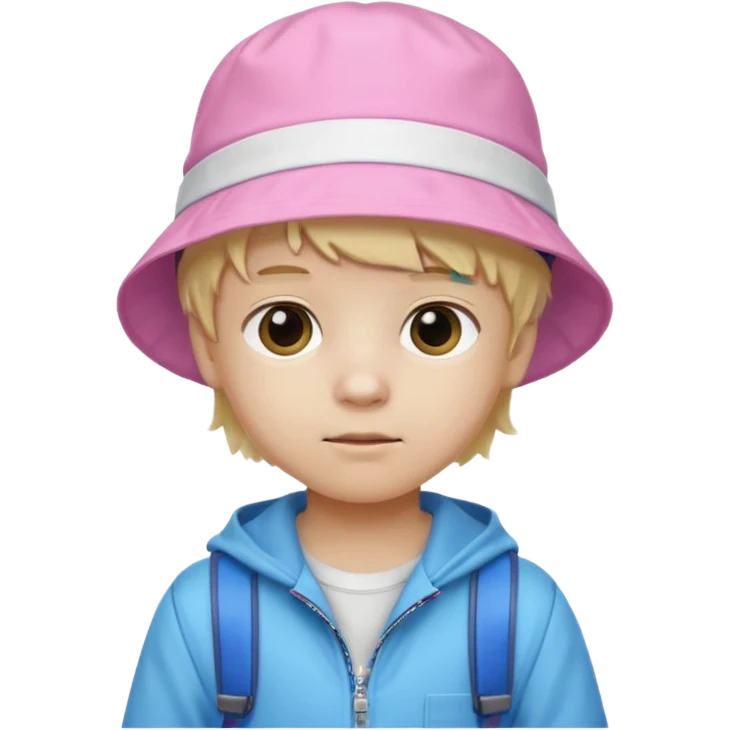 A little boy student white skin, blonde hair, with pink bucket hat, white jacket, blue backpack emoji