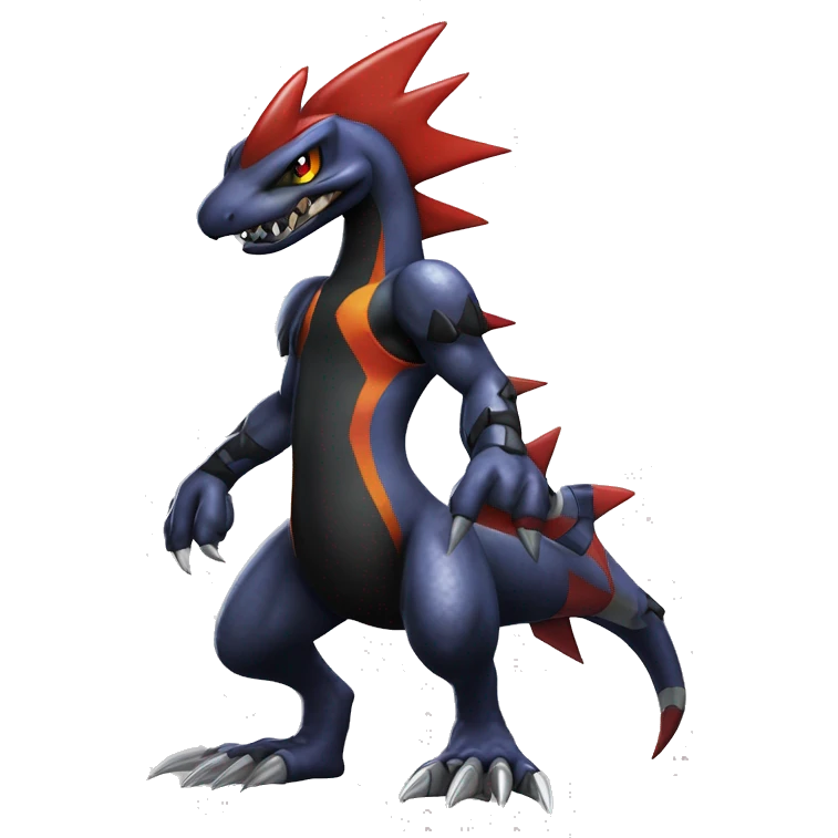 Black, Modern, Cool, Edgy, Badass Punk-style Garchomp-Charmeleon-Sergal Fakémon-Digimon with sharp edgy striking detailed stripe-markings,  full body emoji