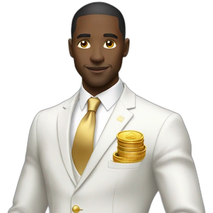 Posh-black-man-with-white-suit-holding-golden-coins emoji