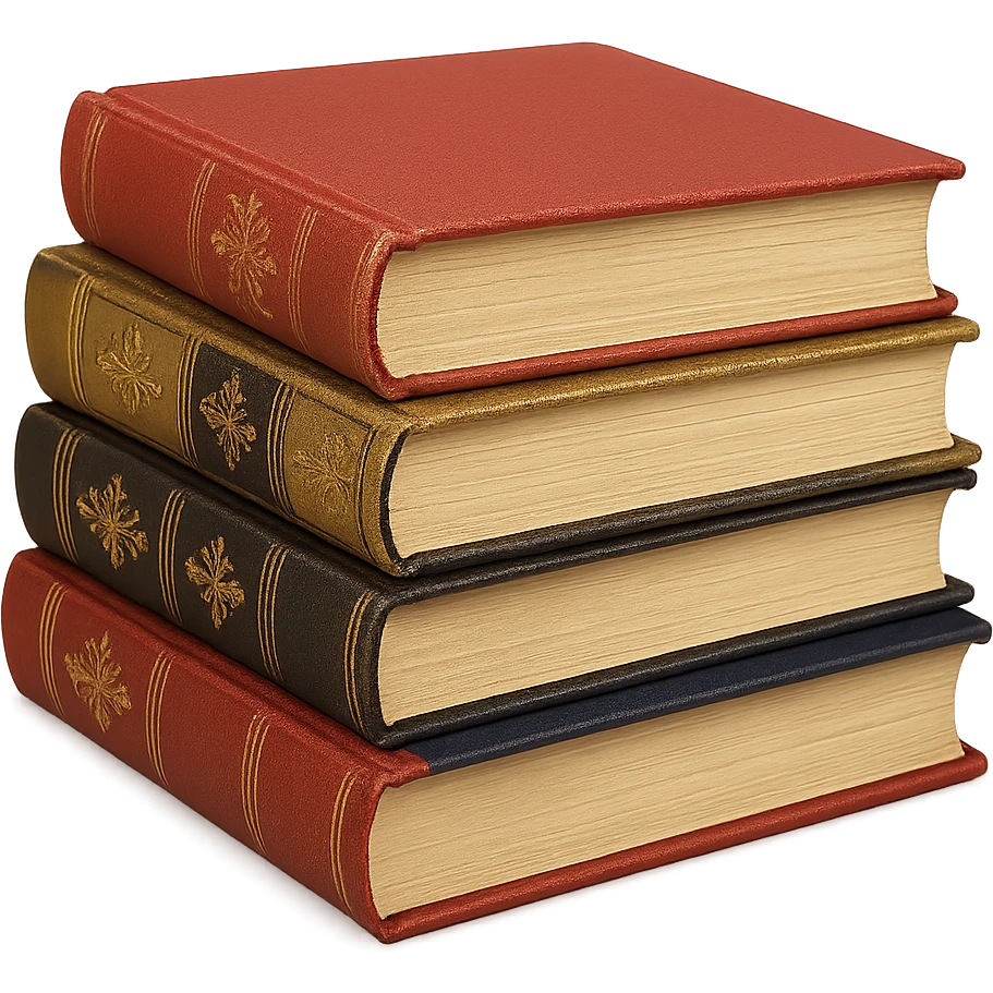 Book stack with red, gold, black, and blue books, elegant literary style emoji