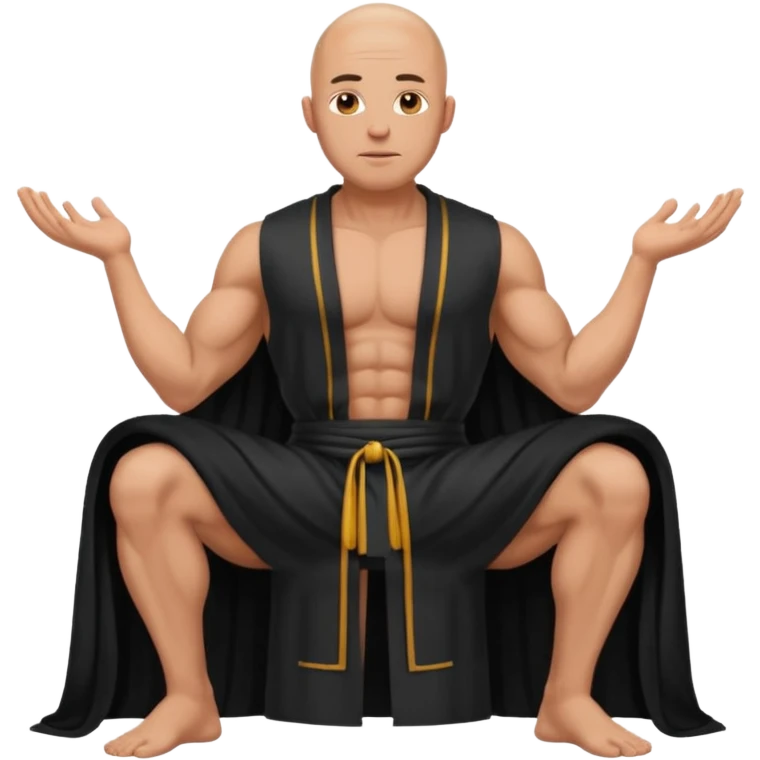 fullbody jacked bald guy, sleeveless and unbuttoned in black robe sitting emoji