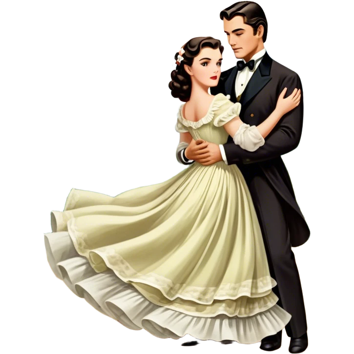 Icon for Romance Movie: A vintage movie poster-style design inspired by Gone with the Wind. Include romantic, sweeping imagery like Scarlett O'Hara in a flowing dress, Rhett Butler, a plantation backdrop, and fluttering wind-blown fabric. Soft, nostalgic cinematic feel. Transparent background. emoji
