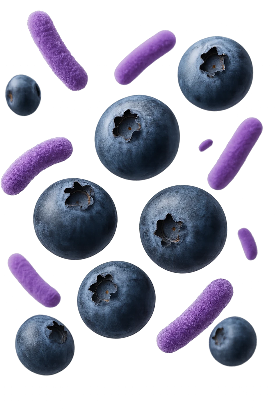 mirtilli fluttuano in aria insieme a 6 batteri intestinali viola, iperrealistico 4k emoji