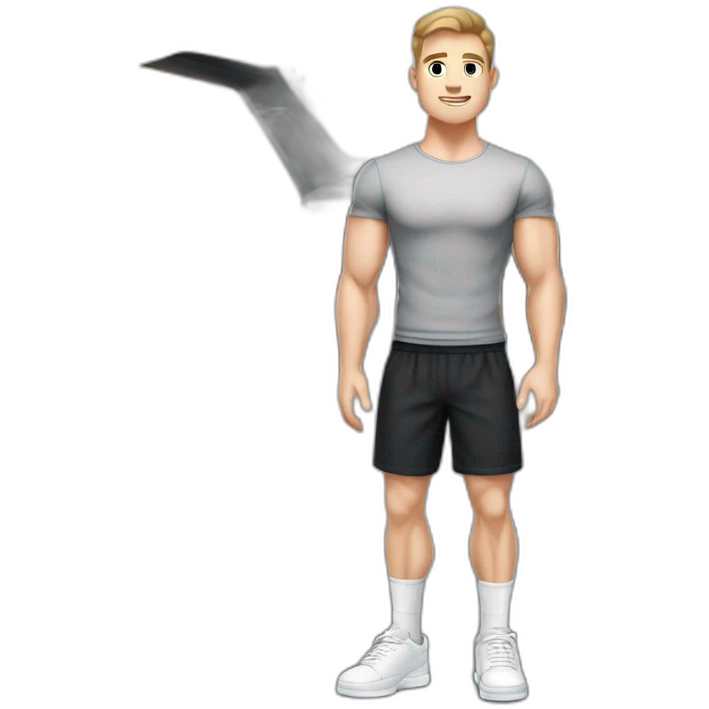 Pale skinned Fit Man With the biceps and dark brown hair in black shirt, gray sports shorts and white Sneakers Relies on the plane emoji