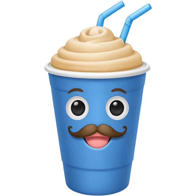paper blue cup and white straw, the cup has eyes and mouth and mustache emoji