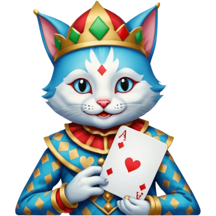crazy colorful cute little cat jolly joker from poker, medieval, vintage, court jester, mac os icon, blue color, holds poker cards emoji