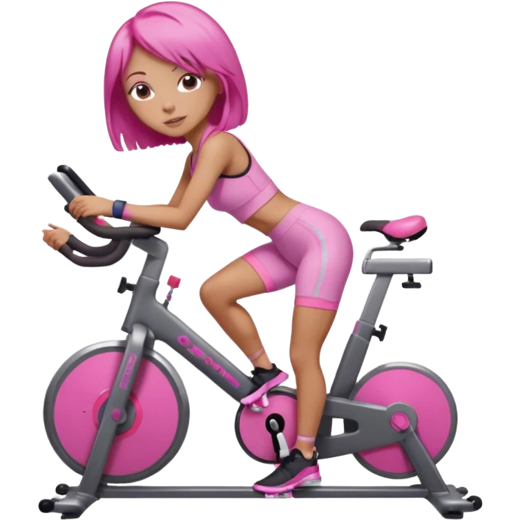 Light tan girl with a brown bob hat style with pink highlights in a pink workout set leaning on a indoor spin bike with NO HELMET,  but add pink hair highlights  emoji