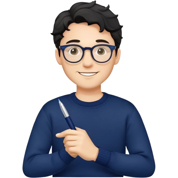 Young caucasian man with black wavy hair, round glasses, navy blue sweater, confident trustworthy smile, professional designer with pen emoji