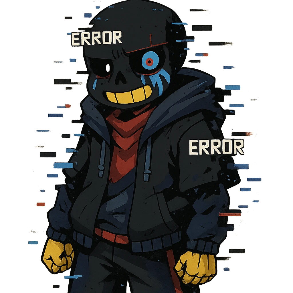 Error Sans, a skeleton character with a glitchy, corrupted appearance, blue and red eye, wearing a black jacket, inspired by Undertale, digital art style emoji