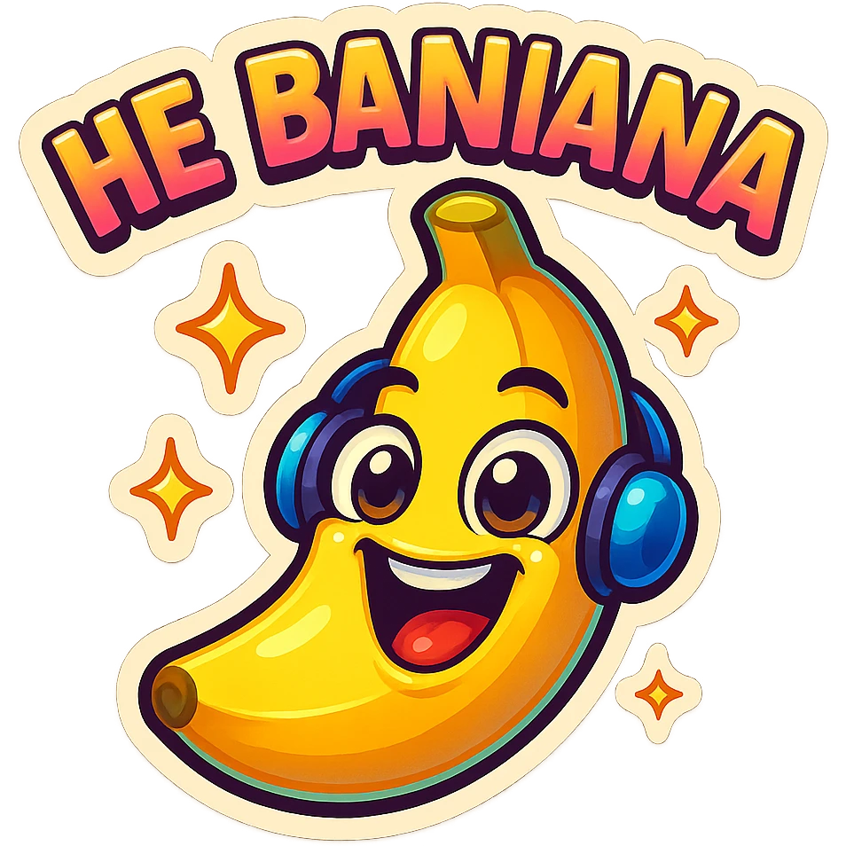 Funny cartoon banana, big happy smiling face, wearing tiny headphones, wide excited eyes, tiny sparkles around, text above: "НЕ БАНАНА ", chibi style, Twitch emoji style, colorful, transparent background emoji