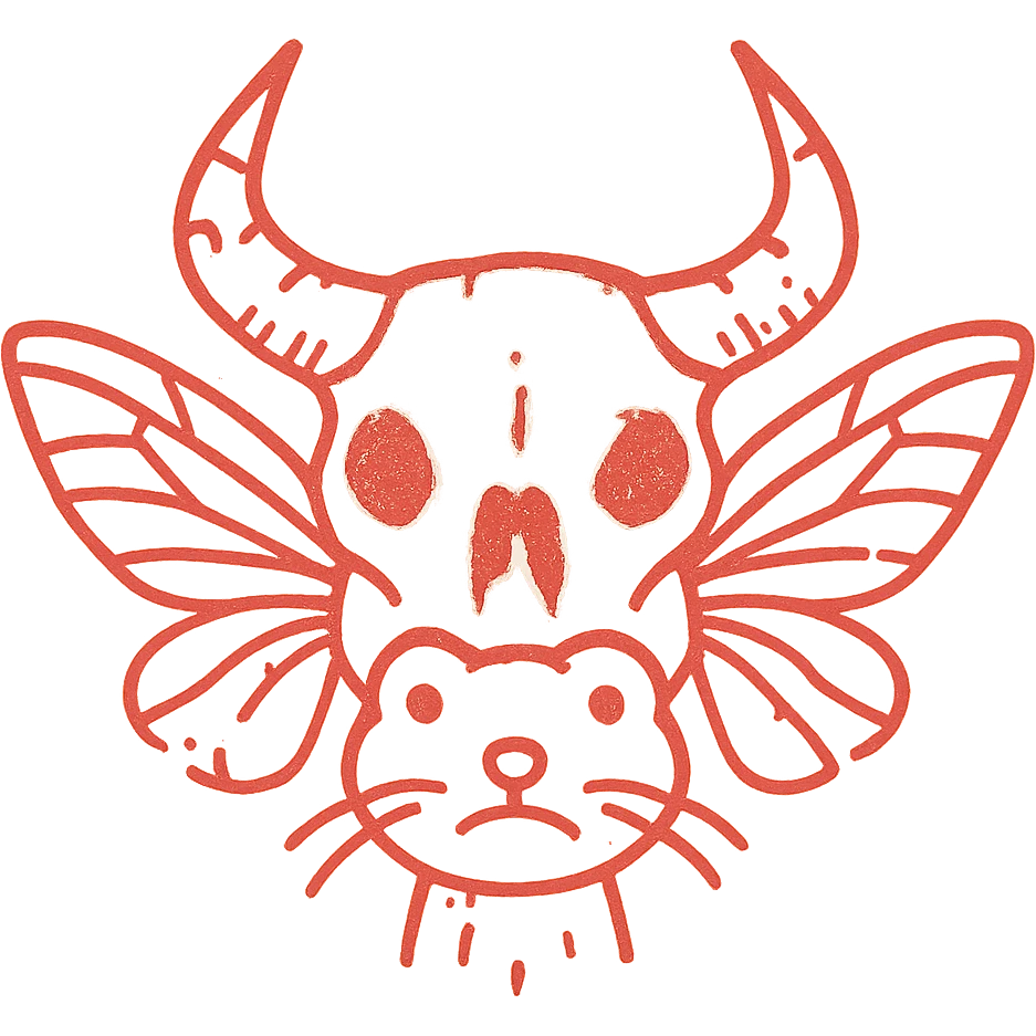 an extremely distressed red line art icon of a hybrid head with minotaur skull, stoat features, frog elements, and moth wings, with severely incomplete perimeter, numerous missing lines around the edges, parts appearing to fade away entirely, extremely weathered with large gaps, torn sections, and heavily eroded appearance, minimal thin red lines only emoji