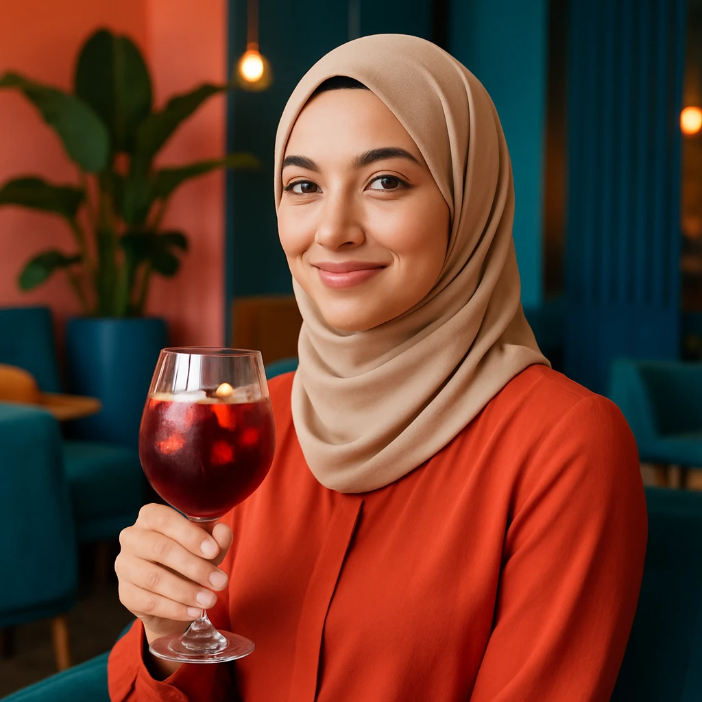 A woman with a hijab holding a glass of sangria emoji