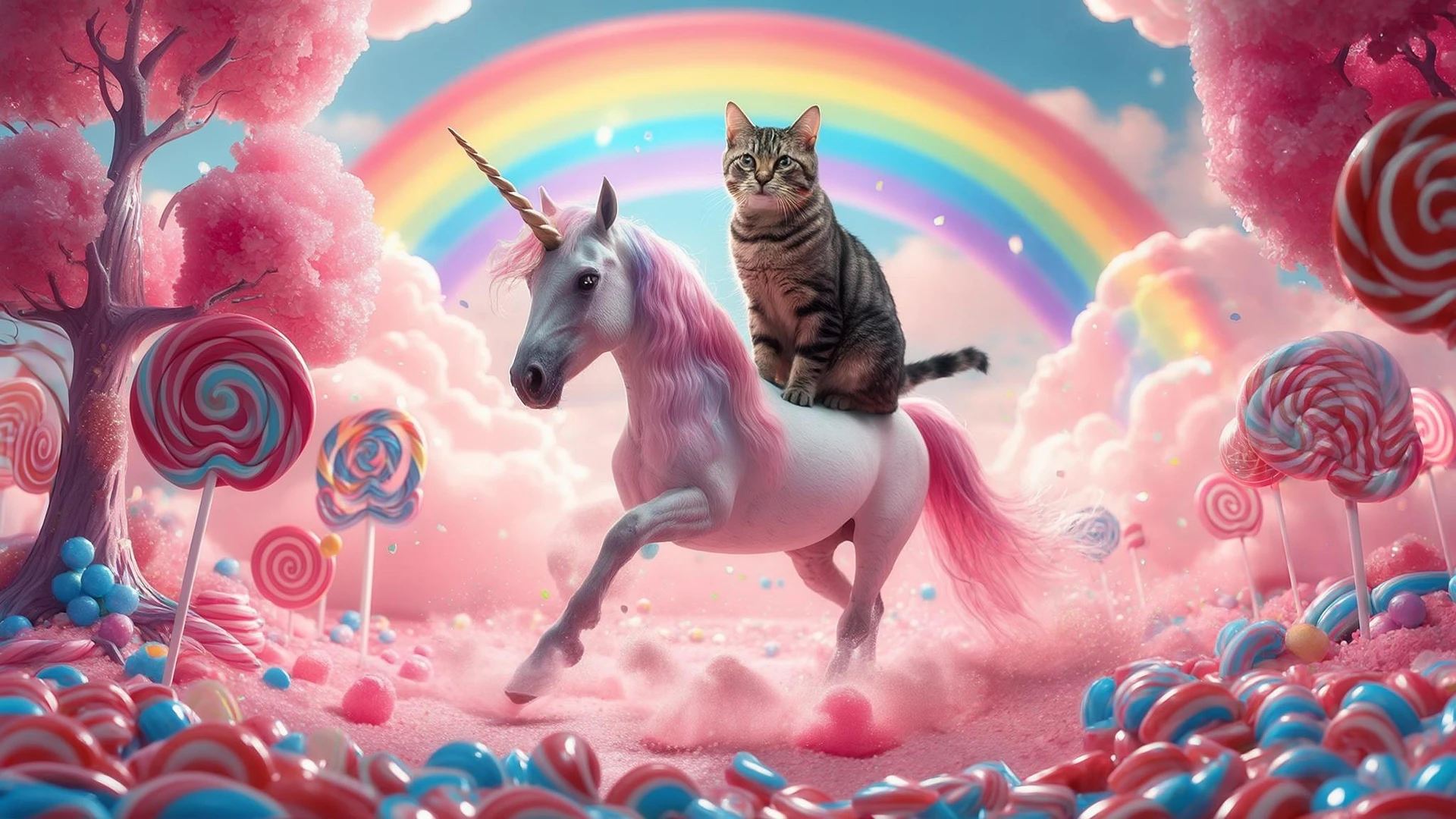 Cinematic still of a cat riding on unicorn around magic pink, and blue candy world, rainbow, dynamic shot emoji