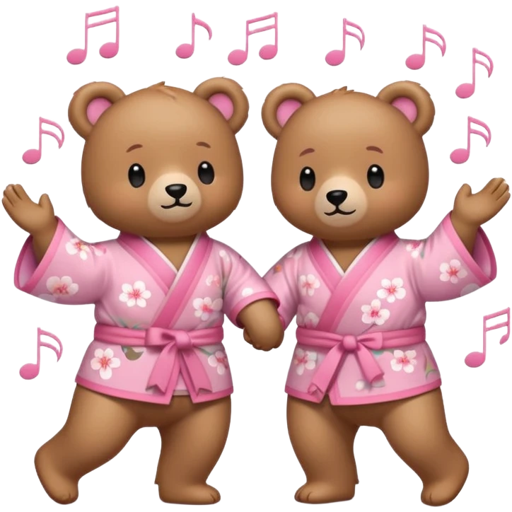 Two cute light-brown bears wearing pastel pink sakura-patterned kimonos, normal balanced body ratio.  
Holding hands and dancing happily together with music note icons and joyful movement lines.  
Kawaii emoji style, minimalistic clean sticker illustration, white background. emoji