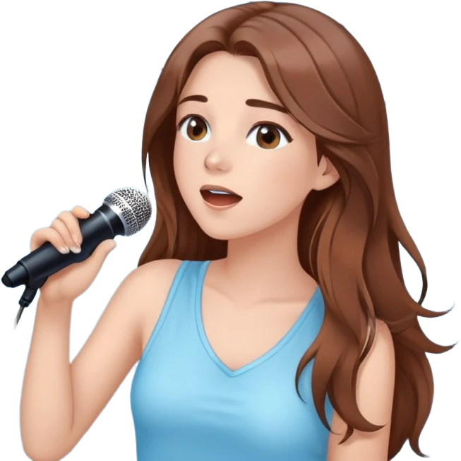 Beautiful Girl with long brown hair singing karaoke funny light blue aesthetic background with lights  emoji