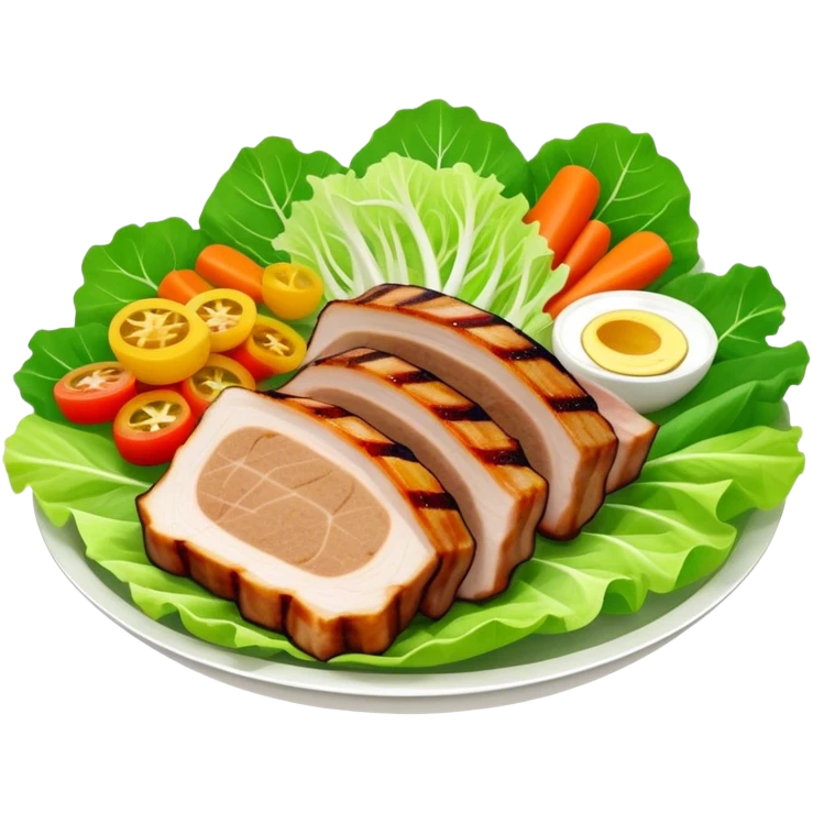 Samgyeopsal Cinematic Realistic Samgyeopsal Dish Emoji, depicted as slices of grilled pork belly served in crisp lettuce leaves with assorted fresh vegetables, rendered with dynamic textures and appetizing, natural lighting. emoji