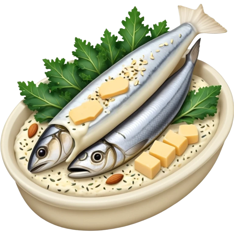A glowing white bone surrounded by calcium-rich foods: sardines, yogurt, aged cheese, sesame seeds, almonds and kale emoji
