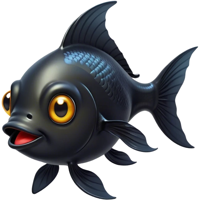 Cinematic Comical Black Goldfish Portrait Emoji, Head tilted dramatically with an exaggeratedly amused expression, featuring a striking, glossy deep black body with vibrant, fluttering fins, wide, expressive golden eyes filled with playful disbelief, Simplified yet hilariously expressive features, highly detailed, glowing with a slightly sassy glow, high shine, dramatic yet playful, stylized with an air of cheeky mischief, bright and endearing, soft glowing outline, capturing the essence of a spirited and over-the-top goldfish, so meme-worthy it feels like it could side-eye its way into internet fame instantly! emoji