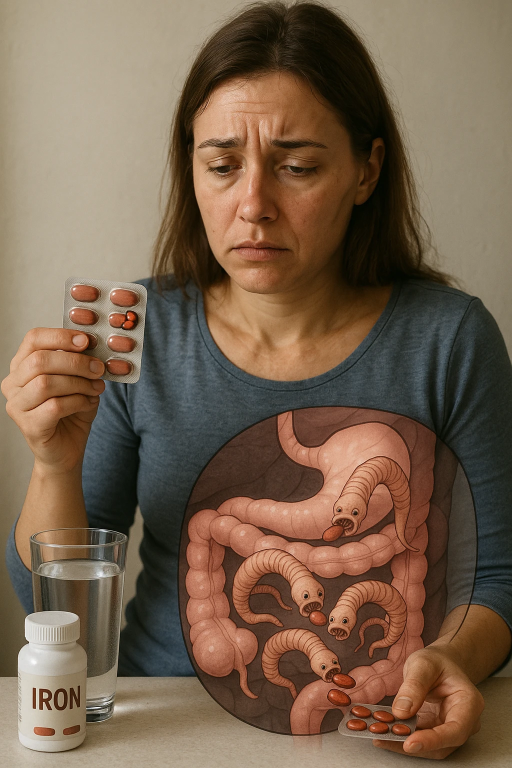 donna con parassiti intestinali che prende integratore di ferro, ma lo mangiano i suoi parassiti. Immagini realistiche emoji