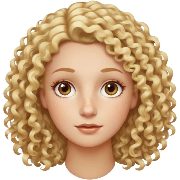 Blond curly hair white women, oval shape face hazel eyes long lashes little bit of freckles high cheek bones emoji