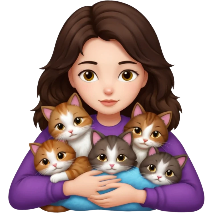 brunette girl snuggling 6 cats emoji