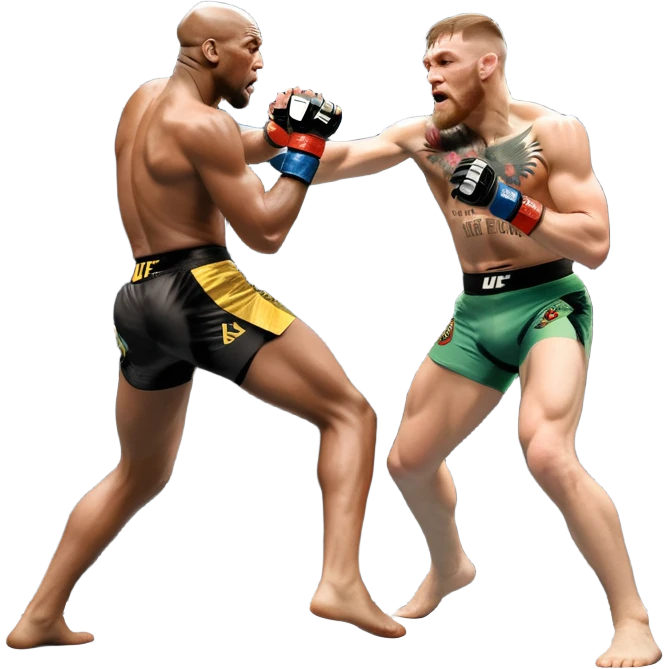 An MMA showdown between Conor McGregor and Anderson Silva in the octagon. McGregor is executing a jumping strike, while Silva skillfully deflects the attack. The background shows the UFC octagon with roaring fans and vibrant energy. Transparent background. emoji