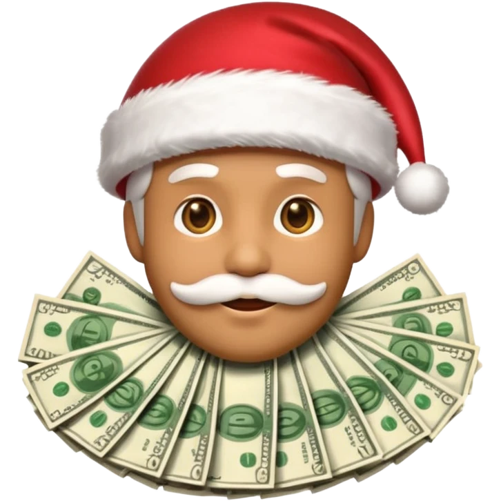 A confident rich emoji face wearing a Santa hat, money stacks, casino vibe, New Year theme, premium 3D emoji style, sharp details, no text, isolated on transparent background emoji