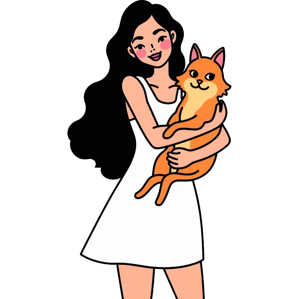 beautiful girl with long black hair wearing a white dress holding an Abyssinian cat with reddish-brown fur in her arms emoji