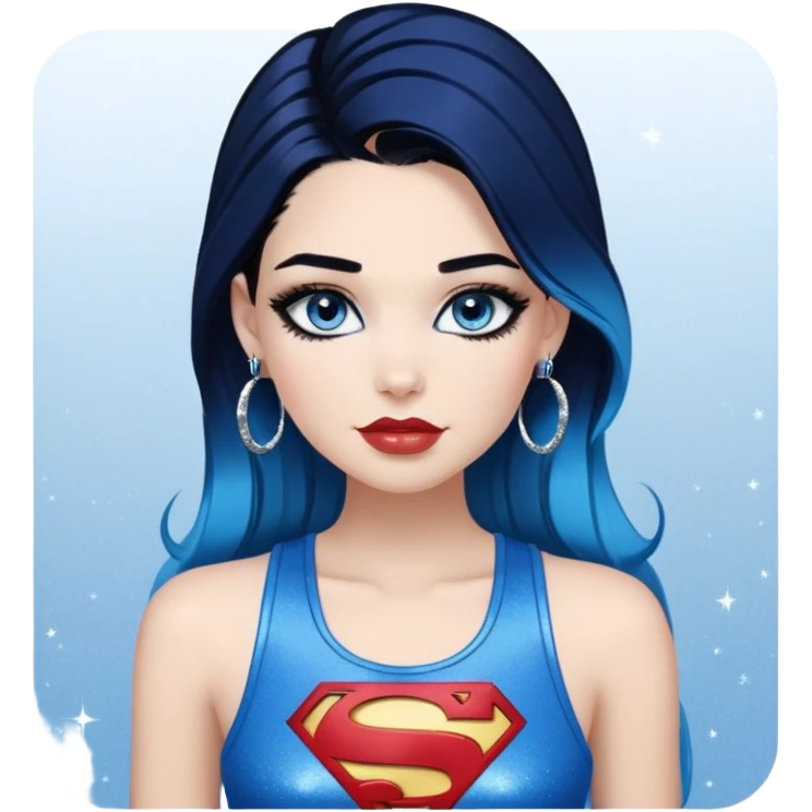 Flirty-very-beautiful-face-long-straight-dark-blue-ombre-hair-and-blue-eyes-thick-black-eyeliner-really-thick-long-eye-lashes-sky-blue-superman-tank-top-silver-hoop-earrings-glitter-lips emoji