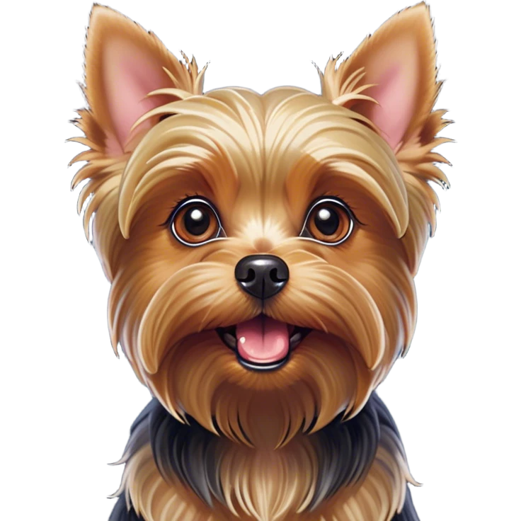 Cinematic Comical Yorkshire Terrier Portrait Emoji, Head tilted dramatically with an exaggeratedly surprised, comical expression and wide, expressive eyes, featuring a perky, well-groomed fur in rich hues, simplified yet hilariously detailed, glowing with a bold, sassy radiance, high shine, exuding playful mischief and cheeky terrier attitude, styled with a soft glowing outline, capturing the essence of a Yorkshire Terrier that appears ready to comically dash out of the frame! emoji