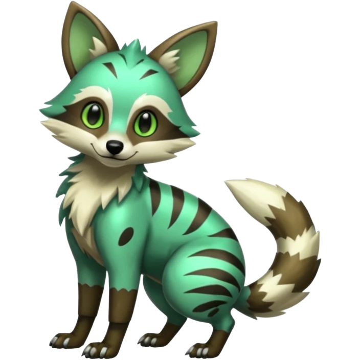 Shiny Green Glossy Silvally-Aardwolf-Tanuki-Genet-Bobcat-fusion-animal-hybrid-creature, full body emoji
