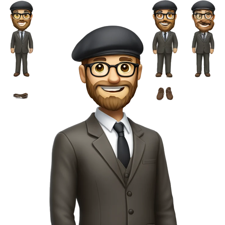 man, long brown beard, white skin, suit, standing and smile (full-body "slim"from the head to legs), beret hat, glasses emoji