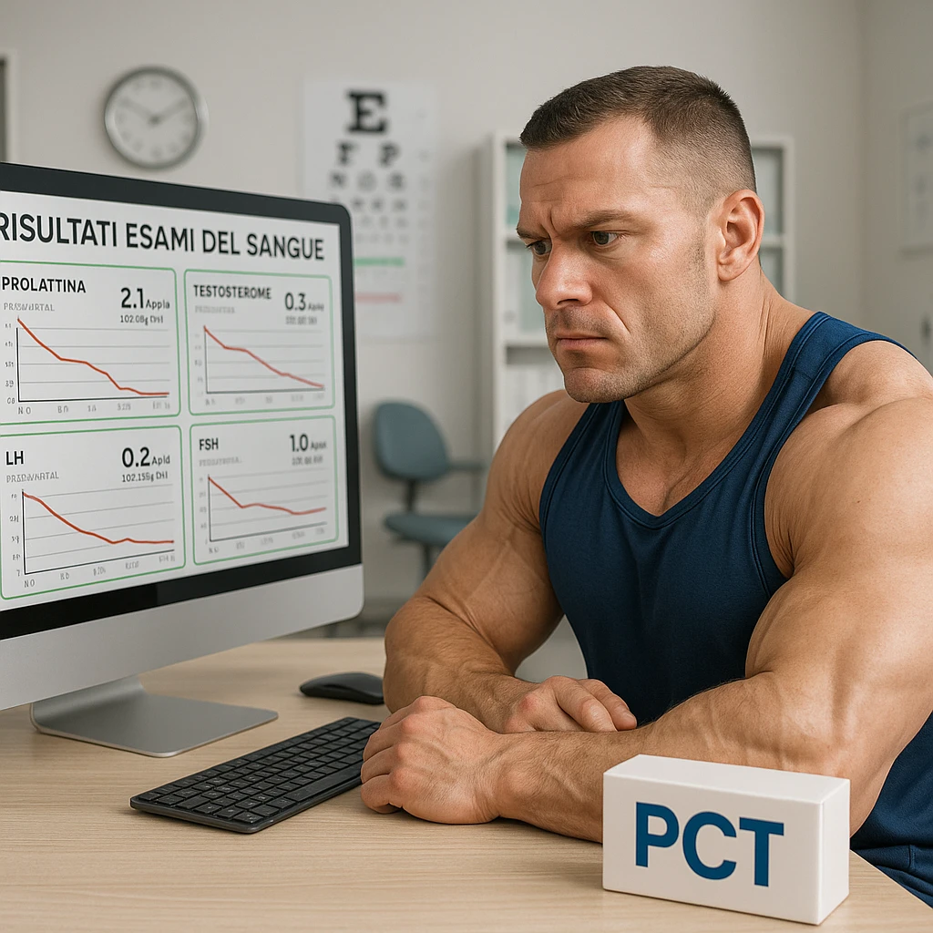 muscular bodybuilder in sportswear sitting in front of a computer showing blood test graphs in Italian, 'PCT' box nearby, analytical expression, medical office background, 4K quality emoji