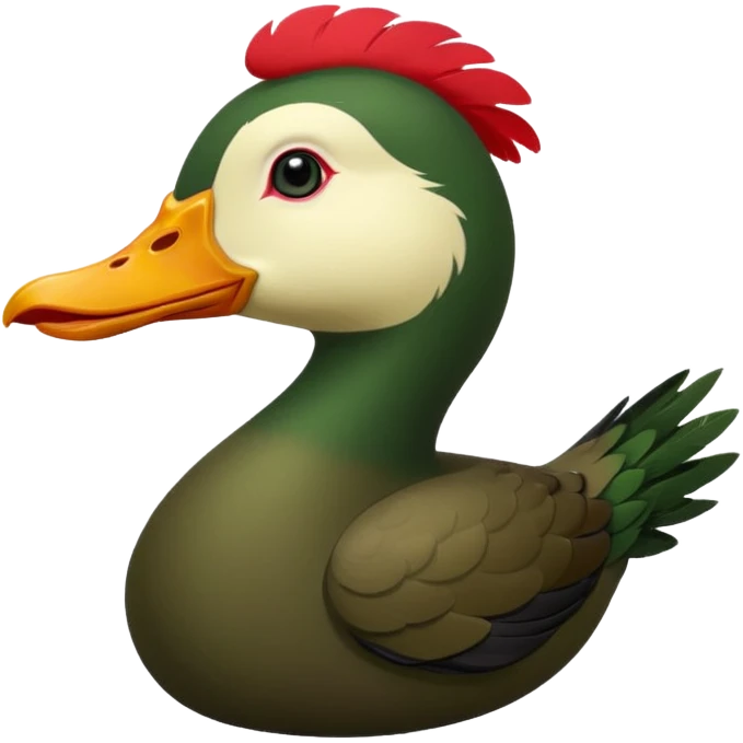 Muscovy Duck, simple emoji style, side view, greenish-black feathers, red face, yellow beak emoji