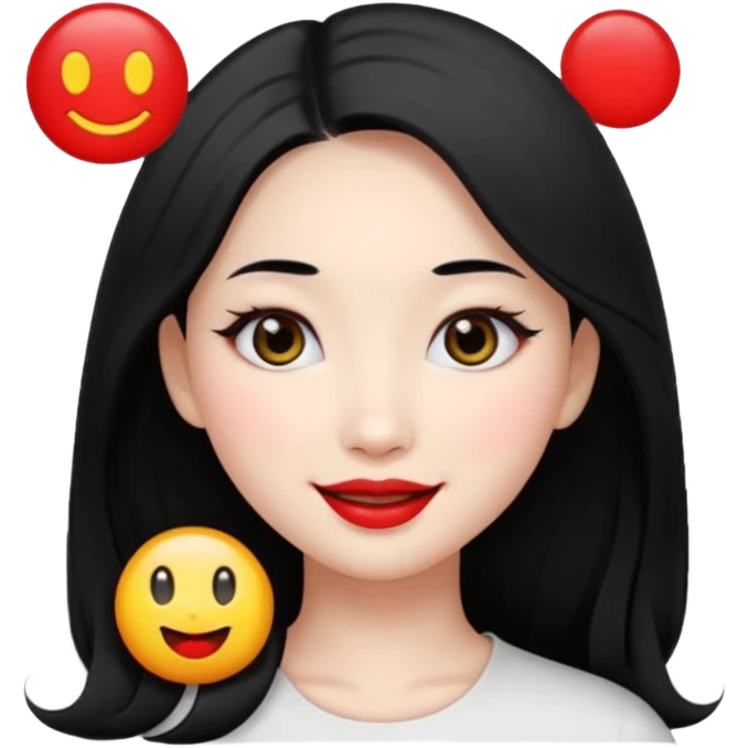 beautiful young Chinese woman, black long hair, white skin, oval face, big black eyes, red lips, emoji style emoji