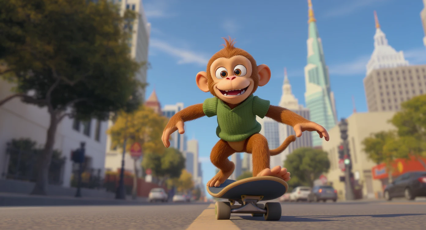 Disney style Cinematic still scane, Low angle shot, monkey dress in green outfit, monkey ride on skateboard, san francisno downtown with city lanscape, blue clean sky, captured by ARRI Alexa XT, soft cinematic lightning, back light, inspired by ToyStory 4, rule of thirds emoji