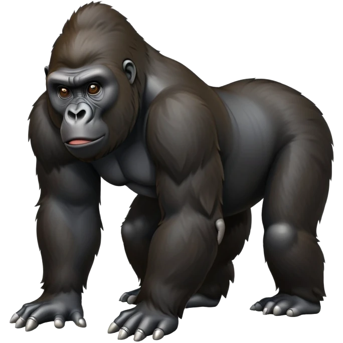 cinematic-gorilla-realistic-full-body-on all fours-emoji,-exuding-strength,-thick-dark-fur-glossy-in-the-light,-head-tilted-dramatically,-deep-dark-eyes-filled-with-intense-intelligence,-simplified-yet-realistic-focused-features,-highly-detailed,-glowing-with-an-almost-sarcastic-glow emoji